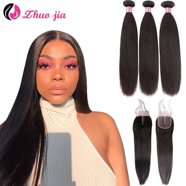 

zhuo jia straight hair bundles with closure transparent lace closure remy brazilian human hair weave 3 bundles with closure, Black;brown