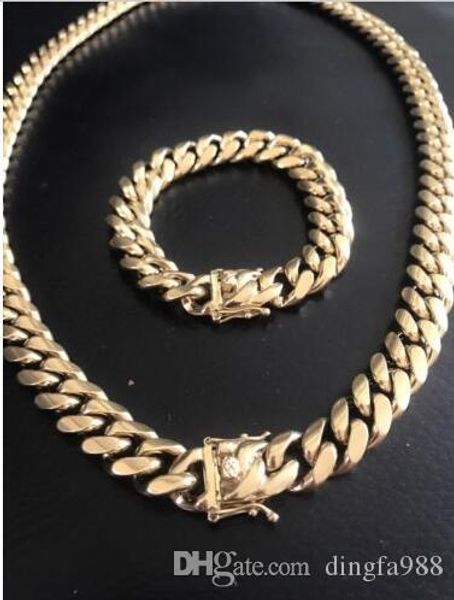 

harlembling 14mm men miami cuban link bracelet & chain set 14k gold plated, Silver