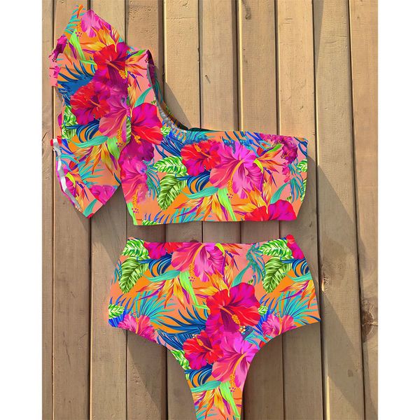 

2020 new one shoulder bikinis women swimsuit ruffle swimwear high waist bathing suits beach wear biquini female, White;black