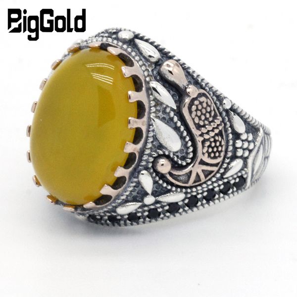 

natural stone men ring 925 sterling silver yellow onyx & black cz antique celebration lucky rings for men women turkish jewelry, Golden;silver
