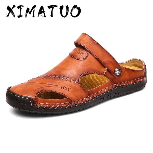 

summer leather sandals men outdoor beach sandals flat comfortable fashion mens breathable water trekking shoes large sizes, Black