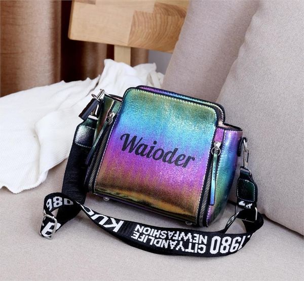 

2020 evening clutch bags female wild slanting shoulder handbags letter wide strap fashion colorful zipper casual bucket bag