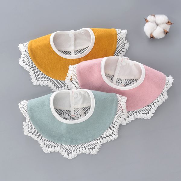 

baby waterproof bibs round cotton burp cloths cartoon cat lace print saliva 360-degree towel baby boys girls feeding apron bibs, Slivery;white