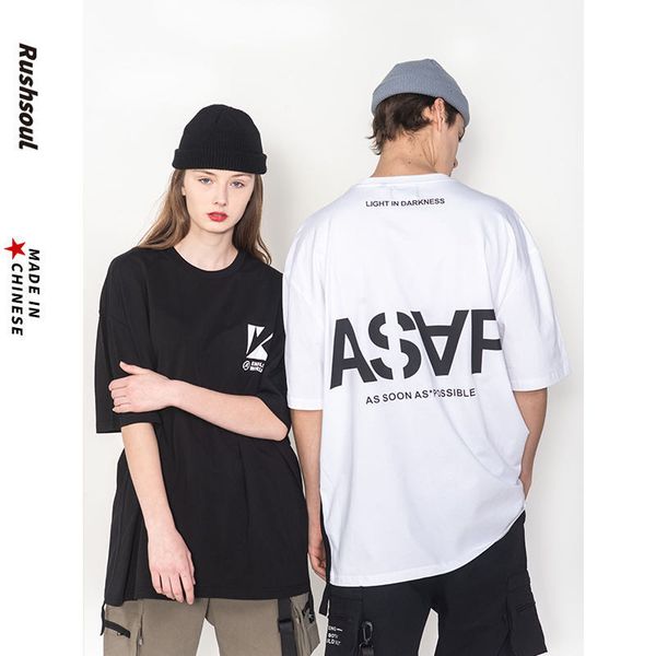 

myf men's wear | asap simple fashion brand t-shirt for men and women couple's wear bf printed crew neck all cotton casual loose t, White;black