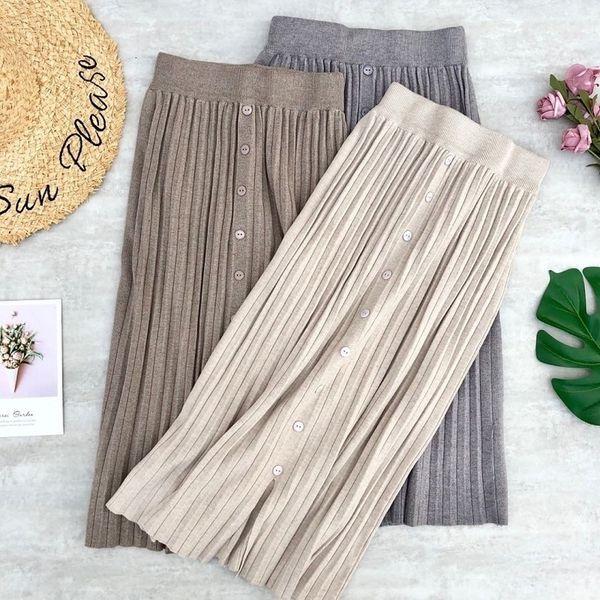 

womens skirt winter wool knitted pleated skirts buttons stretched long skirts split midi skirts womens jupe femme, Black