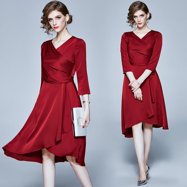

the new senior elegant irregular hem drape satin dress, Black;gray