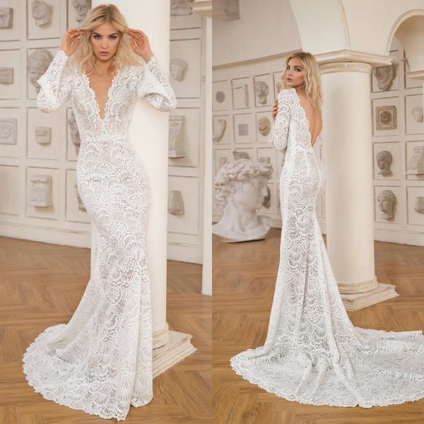

2021 new wedding dresses v neck long sleeves lace appliques mermaid bridal gowns custom made backless sweep train vestidos de novia, White