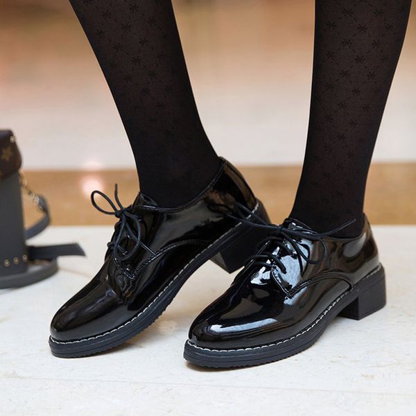 

women flats new british style oxford shoes women casual lace up pu flats shoes, Black