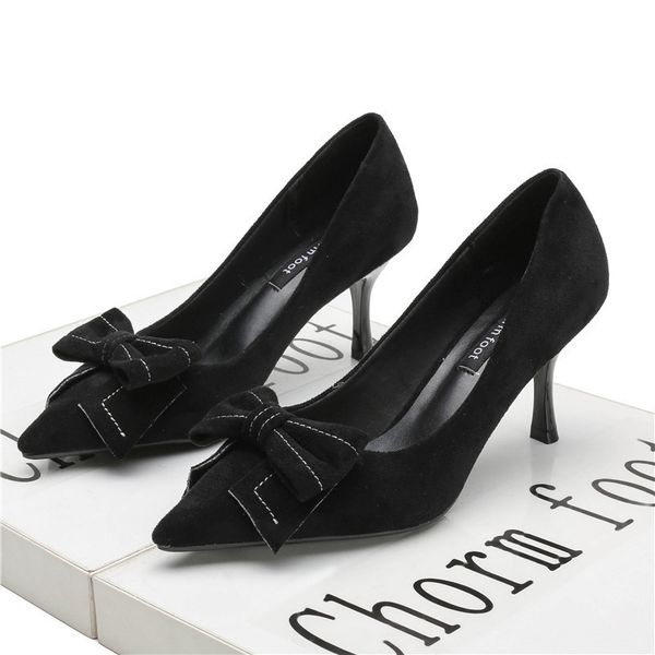 

spring and winter 2020 new korean version of pointed thin heel bow plush high heels suede two wear women's wool shoes, Black