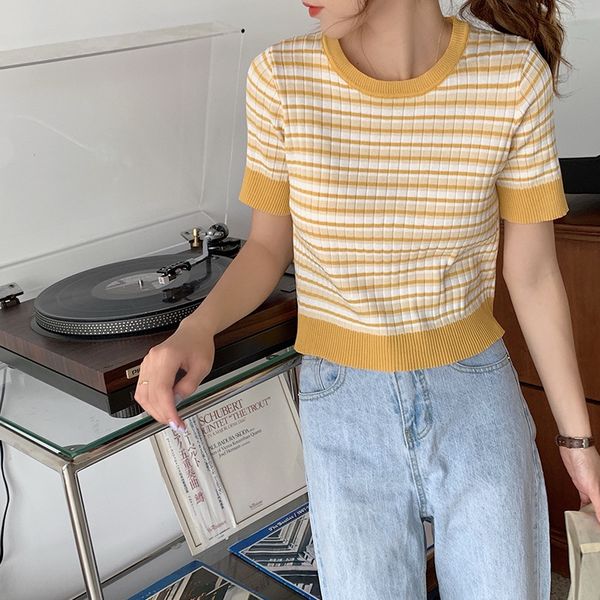 

ayc3w short-sleeved t-shirt for women 2020 new korean style versatile striped knitted coat t-shirt round neck thin short western style t, White;black