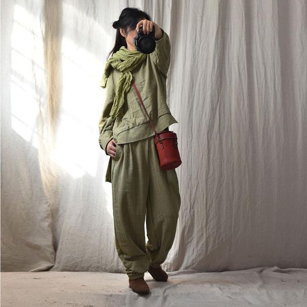 

women cotton linen set spring autumn solid color o neck pockets casual loose vintage women fashion sets yoyikamomo, White