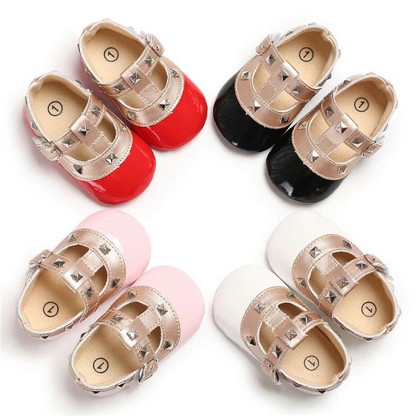 

arrival trend baby leather shoes girl sweet solid color patent leather round toe rivet princess shoes hook loop party streetwear, Black;grey