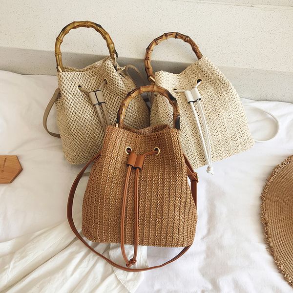 

slub handle straw bucket bags for women 2020 small shoulder handbags female travel totes lady fashion new hand bag