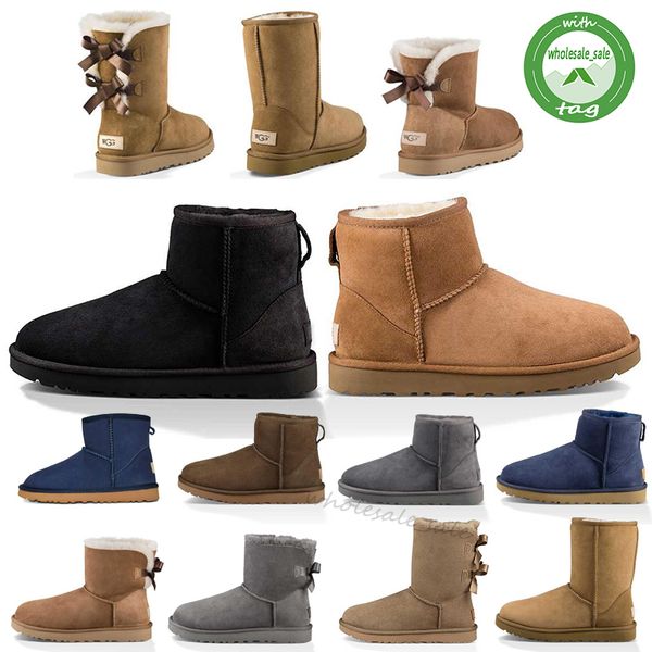 

2020 new winter australia classic snow boots good fashion wgg tall boots real leather bailey bowknot women's bailey bow knee boots mens, Black