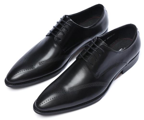 

new summer handmade genuine leather men's business shoes men shoes lace up pointed toe formal solid brogue wedding, Black