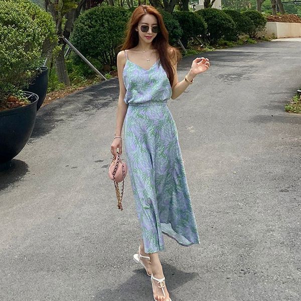 

d0pdy seaside vacation suit for women 2020 summer elegant v-neck suspender fashion printed large skirt two-piece set sling jacket co, Gray