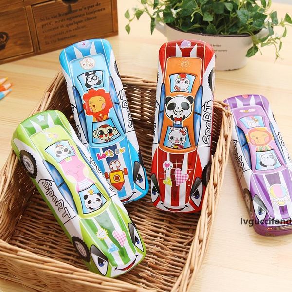 

1pc color random two layer cartoon panda car shape metal plastic pencil case pen box stationary storage kids gift school supply