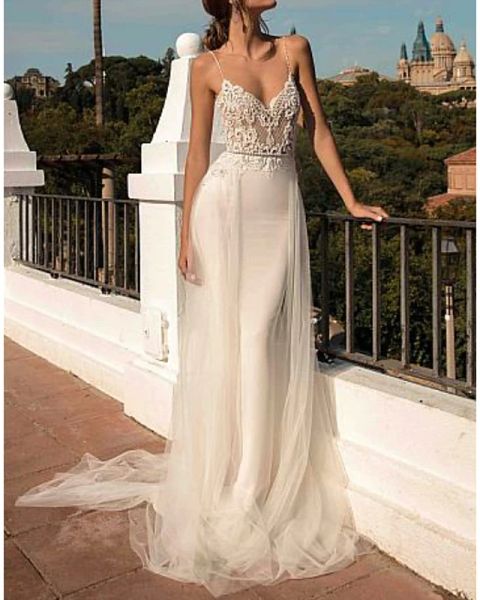 

a-line wedding dresses v neck sweep / brush train chiffon spaghetti strap boho illusion detail with lace insert, White