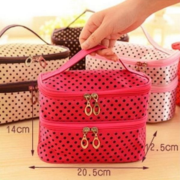 

two layers women make up tool case portable cosmetic bags polyester small spots double layer makeup toiletries bag