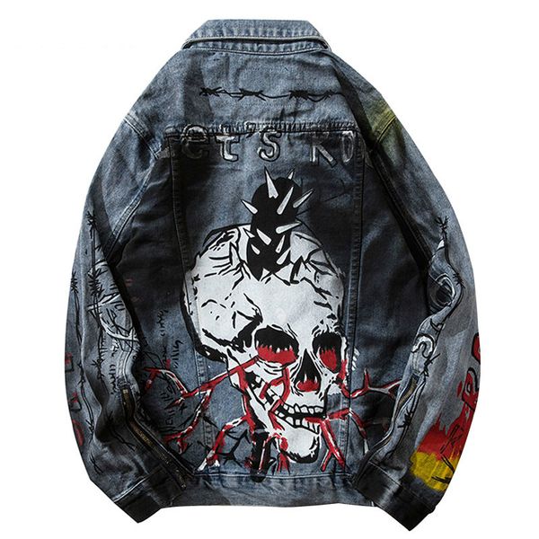 

graffiti skull print sleeve zippers denim jackets streetwear hip hop casual punk rock jeans jacket coats hipster, Black;brown