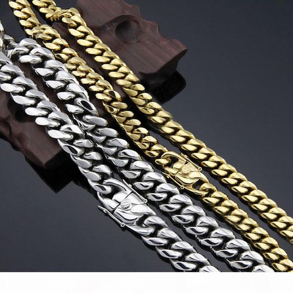 

gold filled men cuban chain necklace bracelet stainless steel jewelry high polished curb link double safety clasp 5 8 10 12 14 16 18mm, Silver