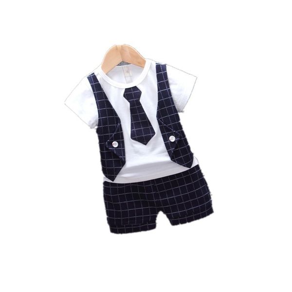 

children tracksuits baby boys girls short t-shirt shorts 2pcs/sets summer kids gentleman tie plaid bowknot pure cotton clothes, White