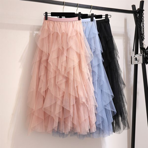 

summer skirts womens fashion irregular mesh tulle skirt elastic high waist mid calf tutu long skirt women 2020 ladies skirts, Black