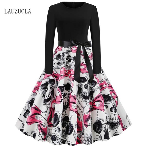 

halloween skull print gothic winter dress o-neck long sleeve party dresses robes vintage pinup rockabilly black vestidos 2020, Black;gray