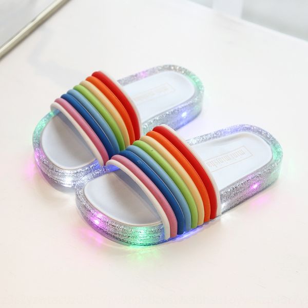 

new led flash lamp jelly rainbow one-character mop sandals slippers soft bottom toe-leaking fish mouth baby children' slippers, Black;grey
