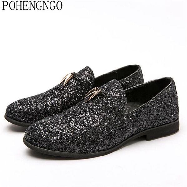 

2020 men evening formal dress rhinestone shoes tassel loafers men's casual prom flats wedding party leather slip on shoes men, Black