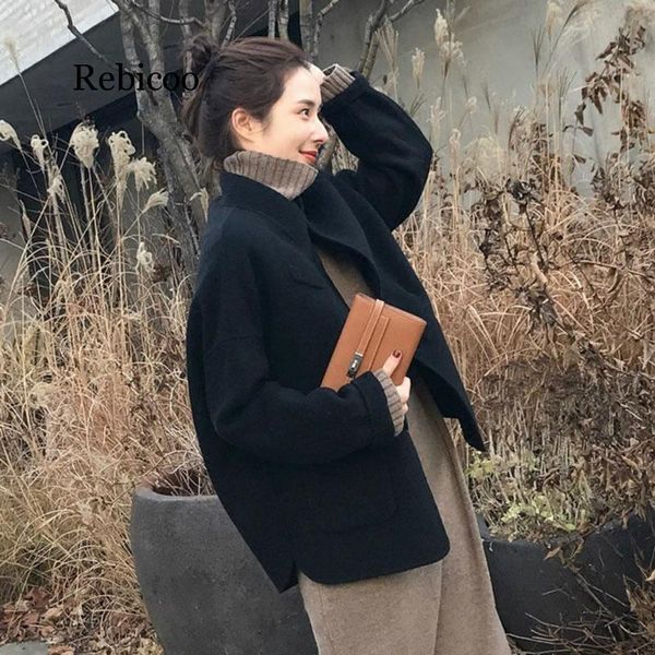

new vintage women woolen coat female long thick warm short coats oversize jackets autumn winter female outerwear woolen coat, Black