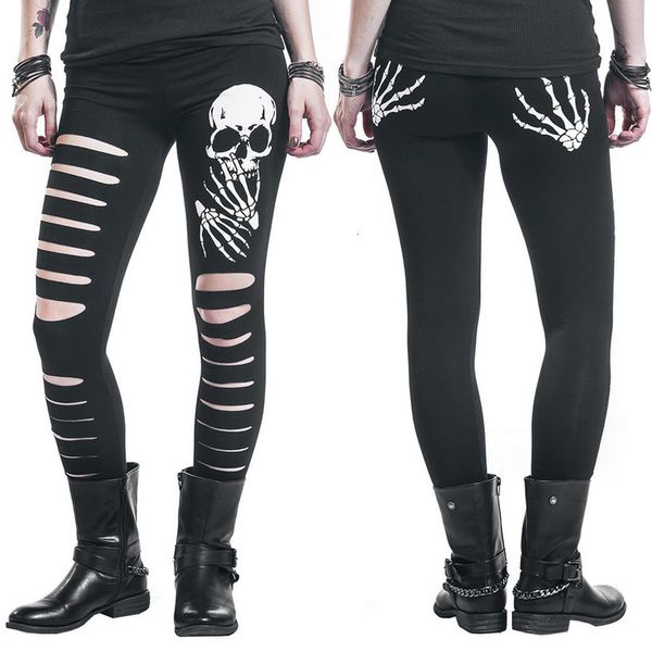 

2020 new fashion skull plaid polyester printed hollow hole women leggings woman pants high quality, Black