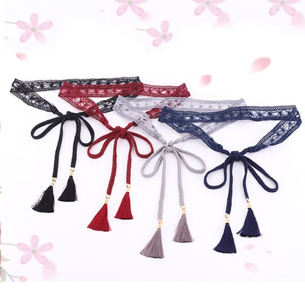

tassel women belt dress decoration thin knitted belt lace hollow waist rope waist chain girls bow tie knot weaving, Black;brown
