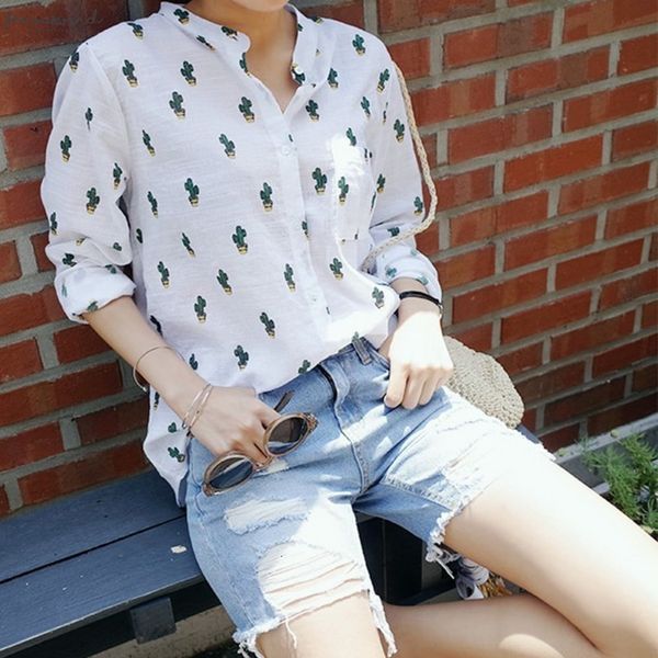 

female blouses long sleeved sweet shirts cactus printed stand collar casual leisure blusas for women, White
