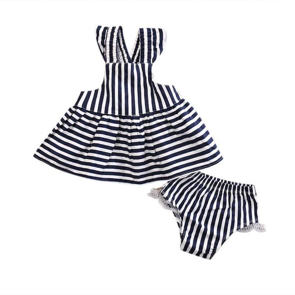 

cute casual sleeveless baby girls clothes summer cotton infant outfit stripe backless dress briefs set girl's dresses, Red;yellow