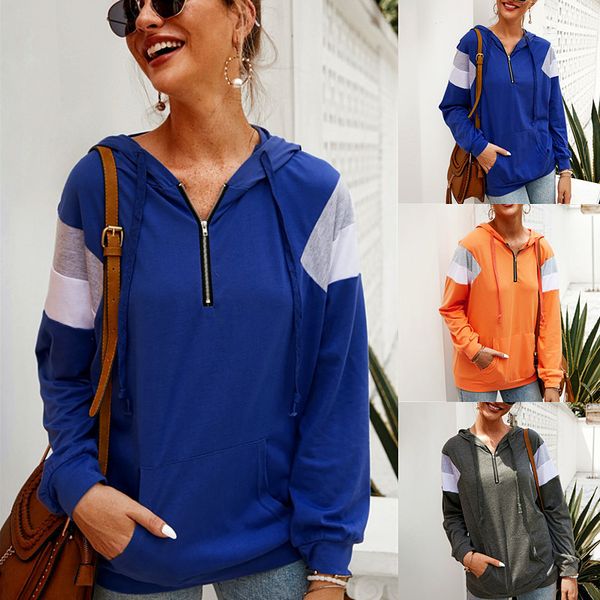 

womens designer hoodies with pockets casual hooded collar sweatshirts with zipper fashion contrast color pullover sweatshirts, Black