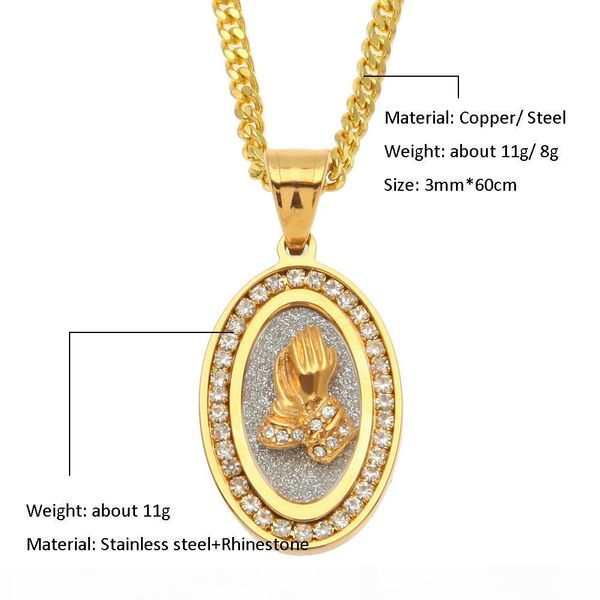 

сталь iced out овальные руки подвеска mens нержавеющей хип-хоп ювелирных изделий bling rhinestone кристалл золотой кулон ожерелье кубинской, Silver