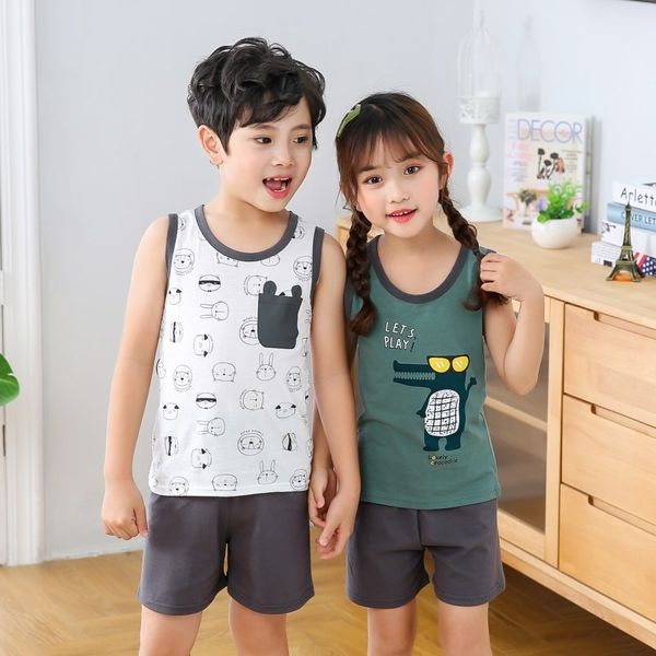 

vest cotton men's vest and shorts and women's children's sports suit children's casual sleeveless shorts two-piece suit, Blue
