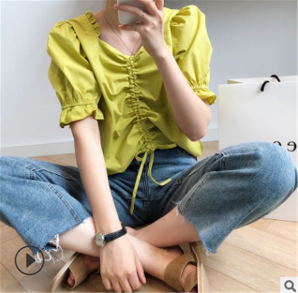 

aunt luxi drawstring ruffled shirt female short sleeve 2020 summer design sense niche pleated bubble sleeve top, White