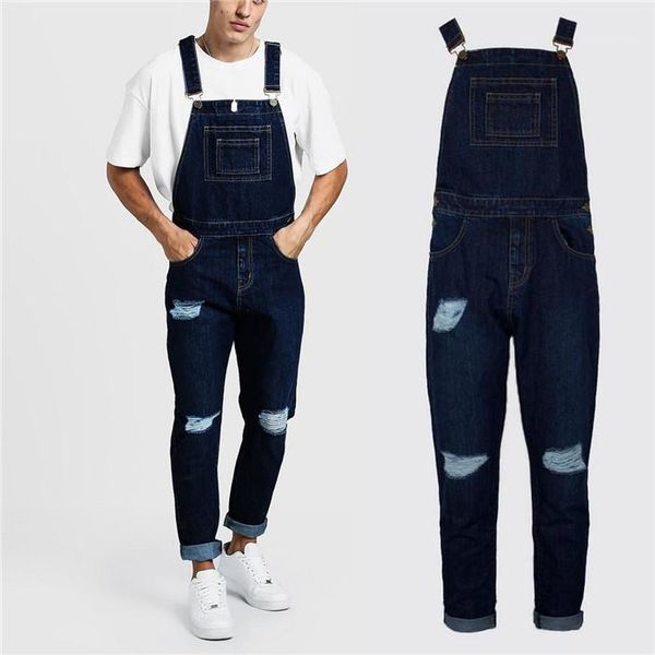 

blue fashion trousers mens hole designer demin overalls men spring summer pocket plus size loose jeans man dark
