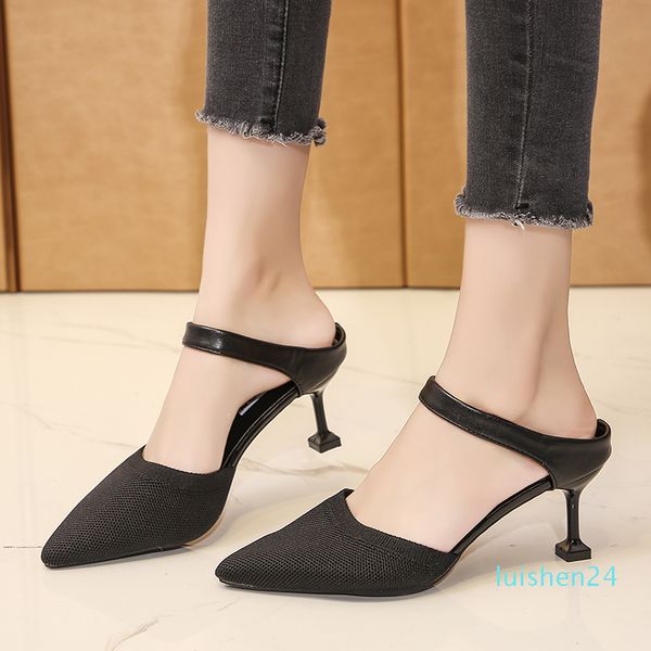 

pointed slippers women knitted elastic mesh high heels mixed colors party shoes thin heel shallow slides summer shoes large size l24, Black