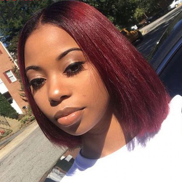 

burgundy malaysian straight short bob wigs pre plucked 1b/99j human hair lace front wig with baby hair, Black;brown