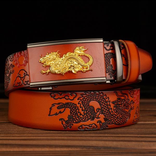 

new fashion automatic buckle jeans men's belt genuine leather personalized double dragon ball middle-aged dad belt, Black;brown