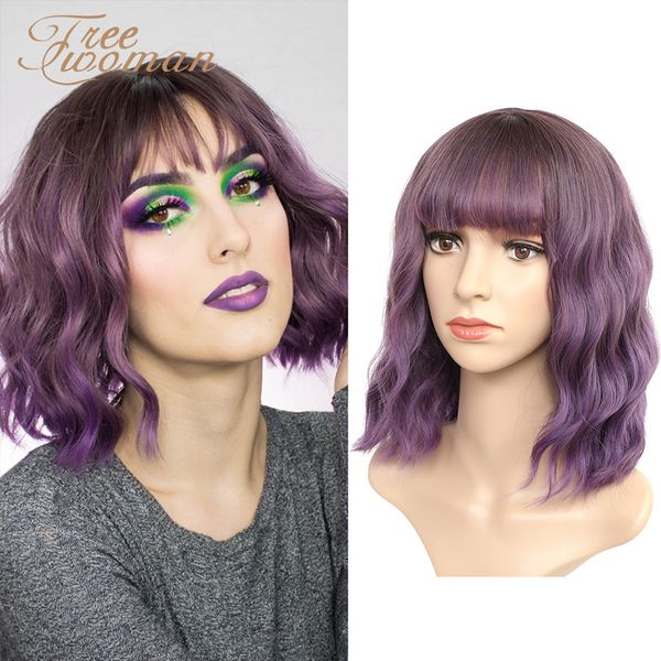 

oman purple synthetic wig lolita short bob wig with bangs cosplay water wave synthetic hair wig styled wigs for women pink, Black;brown