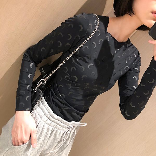 

trendy brand luxry design moon black bottoming shirt tight elastic slim fit with long sleeves crescent moon women t-shirt m2, White