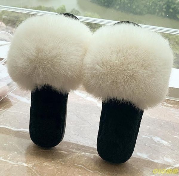 

women faux raccoon fur fluffy slippers furry hair sandals woman flat non slip plush slides casual beach outside shoes, Black