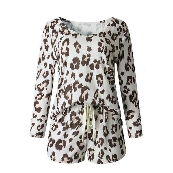 

women leopard print sleepwear set pajamas blouse drawstring pockets shorts pijamas femmes seamless underwear nightwear, Gray