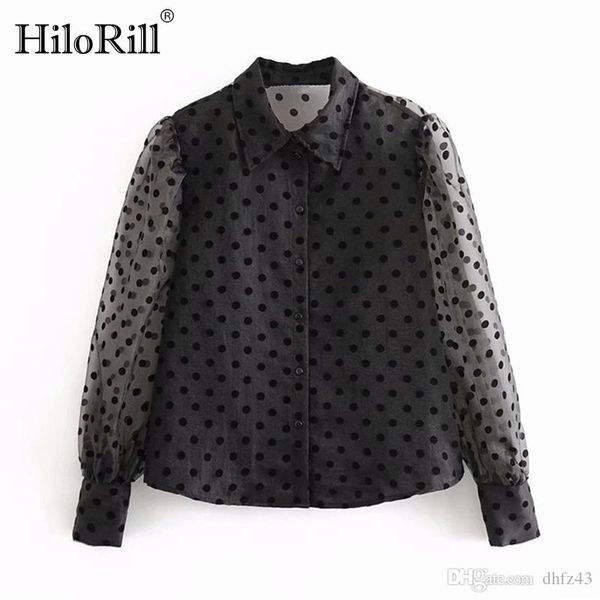 

gdf women fashion polka dot organza blouse transparent long sleeve casual bouses female turn down collar chic shirt 2020, White