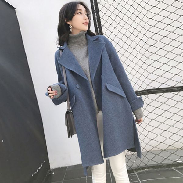 

2020new autumn winter korean style women wool coat fashion double-sided woolen coats alpaca cashmere jackets female jacket, Black