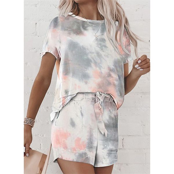 

s-xxl women tie-dye print tracksuit loungewear short sleeve + shorts two-piece clothing suit dressing gown summer ladies pajamas sets ly710, White